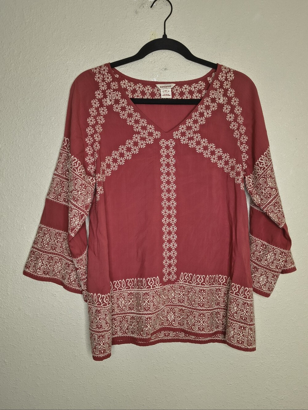 Sundance Coral Red Embroidered V-Neck Tunic Women's Size XS